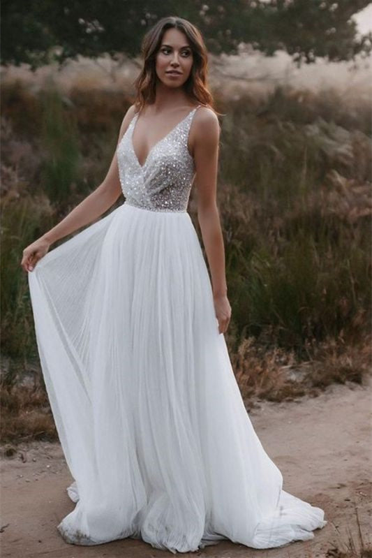Sleeveless V-Neck Wedding Dress with Sequins and Tulle
