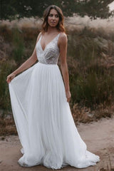 Sleeveless V-Neck Wedding Dress with Sequins and Tulle