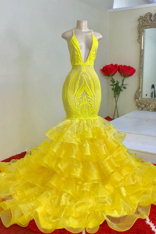 Yellow Spaghetti-Straps Mermid Prom Dress Lace with Ruffles