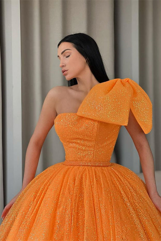 Classy One Shoulder Ball Gown Orange Prom Dress Sequins With Bowknot