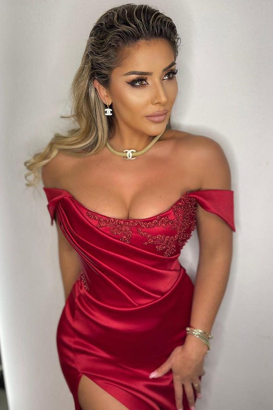 Stunning Off-the-Shoulder Mermaid Prom Dresses Slit With Pleats Beads