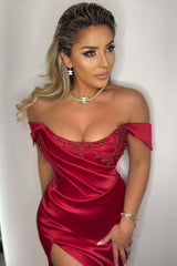 Stunning Off-the-Shoulder Mermaid Prom Dresses Slit With Pleats Beads