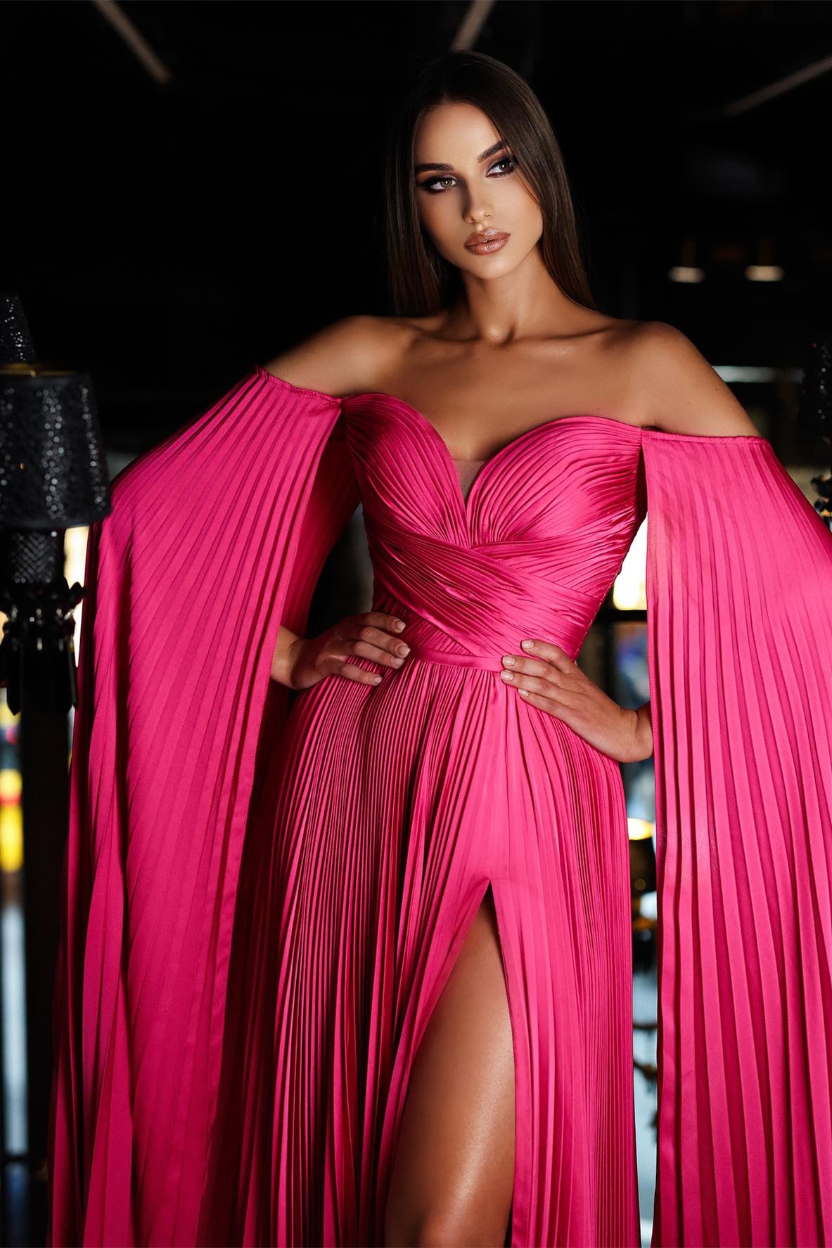 Chic Fuchsia Off-the-Shoulder Prom Dress Ruffles Long With Split