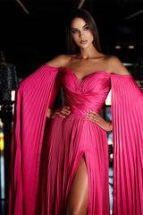 Chic Fuchsia Off-the-Shoulder Prom Dress Ruffles Long With Split