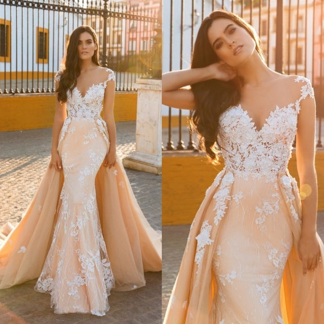 Mermaid Wedding Dress with Sweetheart Neckline, Cap Sleeves, and Lace Appliques Overskirt by Ballbellas