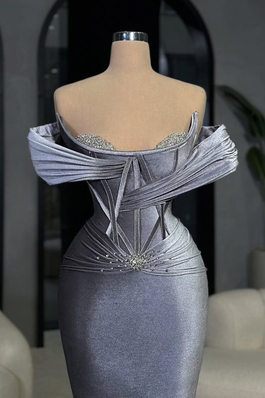 Dusty Blue Off-the-Shoulder Prom Dress Velvet Mermaid Sleeveless with Beads