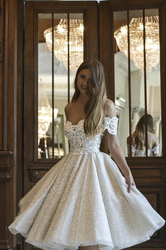 Elegant Short A-line Bridal Gown with Off-the-Shoulder Neckline and Lace Appliques