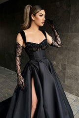 Chic Black Straps Sweetheart Prom Dress Slit With Beads