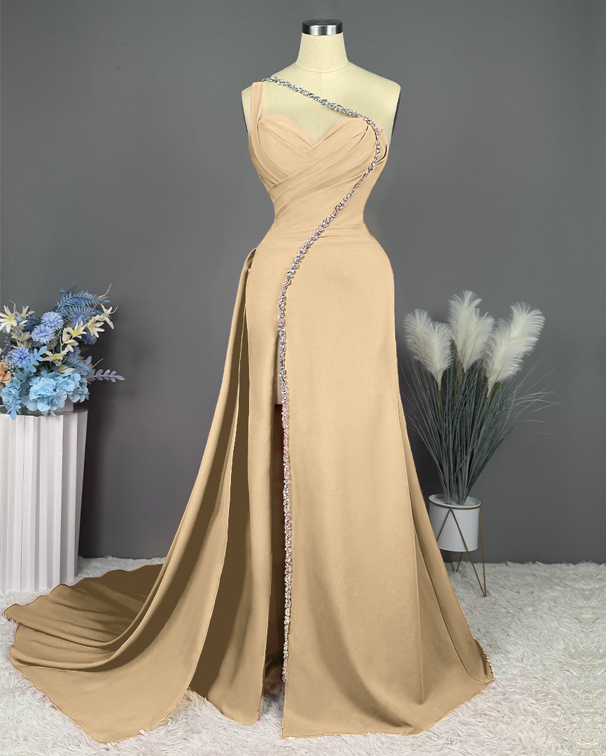 Fuchsia Evening Dress Long One Shoulder With Slit Pleated Beadings