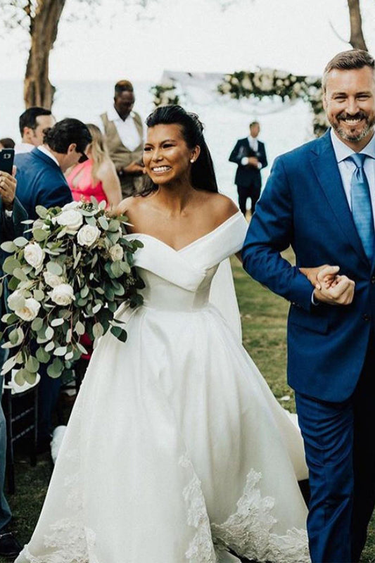 Elegant V-Neck Off-The-Shoulder Wedding Ball Gown with Lace