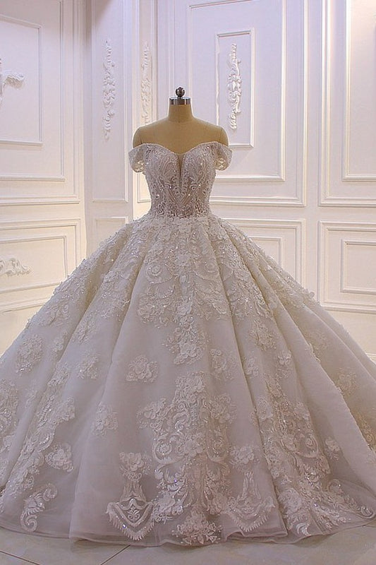 Sweetheart Off-the-Shoulder Backless Wedding Dress with Lace Ruffles and Tulle Appliques