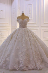 Sweetheart Off-the-Shoulder Backless Wedding Dress with Lace Ruffles and Tulle Appliques