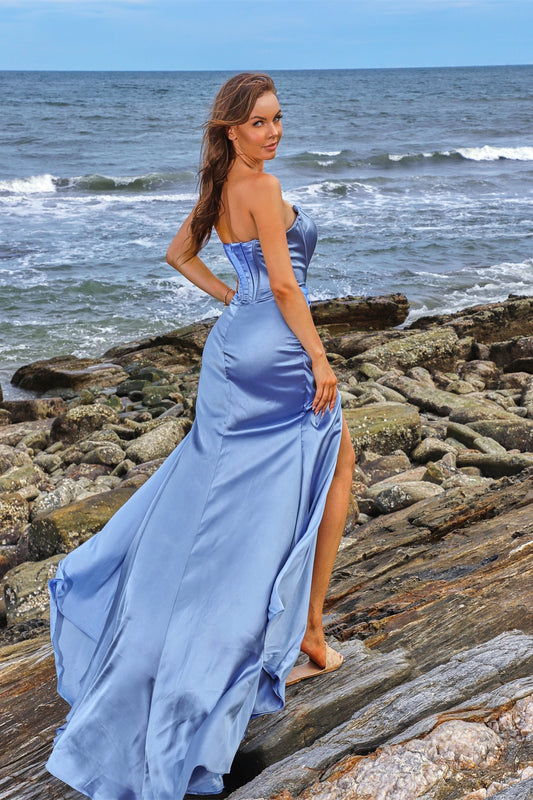 Chic Dusty Blue Strapless Prom Dress Mermaid Long With Split