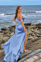 Chic Dusty Blue Strapless Prom Dress Mermaid Long With Split