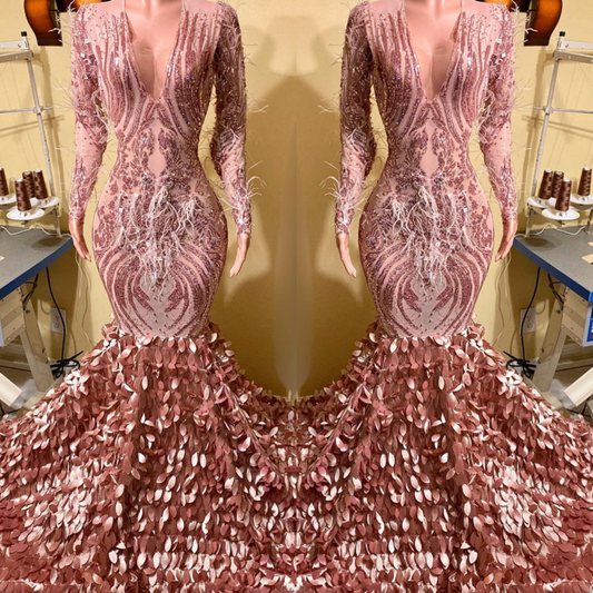 Classic Rose Pink Mermaid Prom Dress Long Sleeves V-Neck Sequins Online