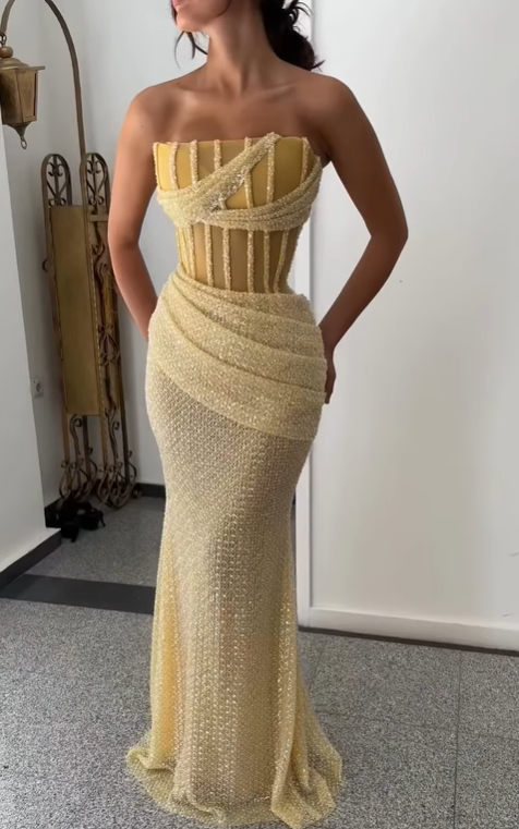 Stunning Yellow Strapless Prom Dress Mermaid Sequins Long Online