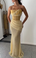 Stunning Yellow Strapless Prom Dress Mermaid Sequins Long Online