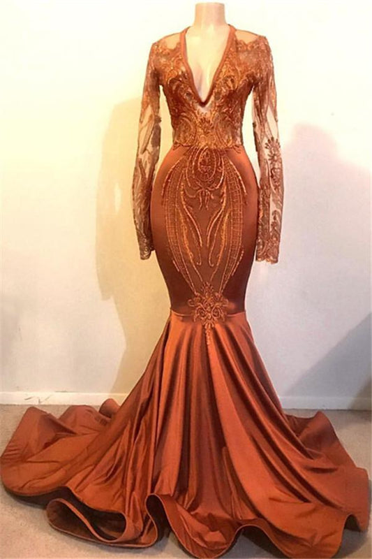 Long Sleeves V-Neck Prom Dress Mermaid Long Evening Gown