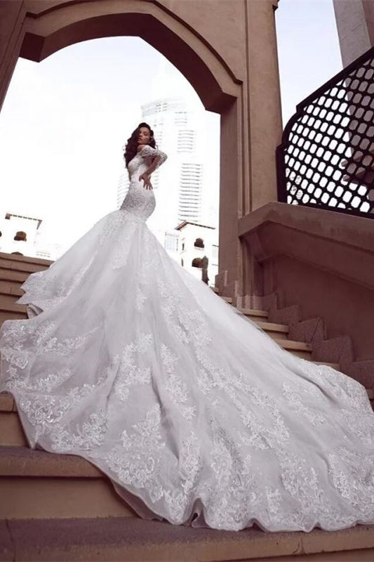 Off-the-Shoulder Mermaid Wedding Dress with Long Sleeves and Lace Appliques
