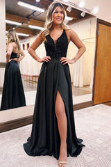 Charming Black V-Neck Sleeveless Prom Dress Long Sequins With Split
