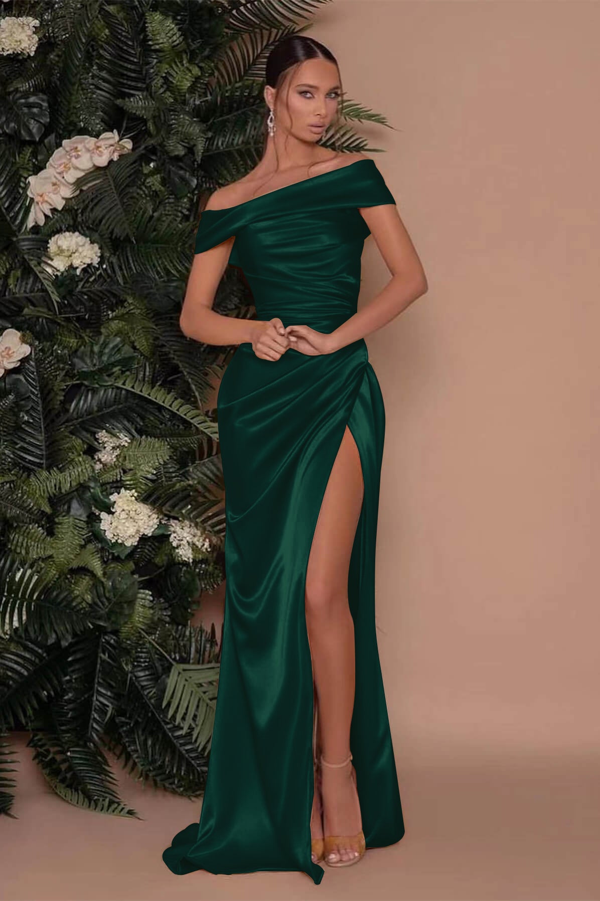 Champagne Off the Shoulder Charmeuse Prom Dress Split Mermaid