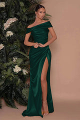 Champagne Off the Shoulder Charmeuse Prom Dress Split Mermaid