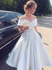 Elegant Strapless Satin A-line Wedding Dress with Off-The-Shoulder Short Sleeves