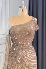 Gorgeous One Shoulder Mermaid Prom Dress Sequins Beadings Split With Ruffle