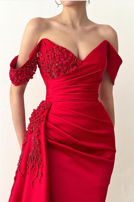 Red Mermaid Beadings V-Neck Off-the-Shoulder Prom Dress Long with Ruffles