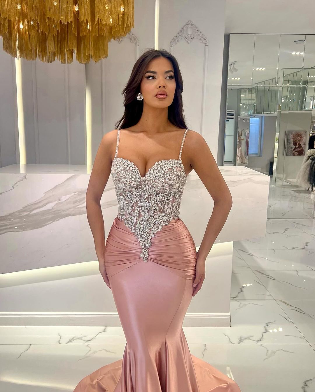 Beautiful Spaghetti-Straps Sleeveless Prom Dresses Mermaid Long With Crystals