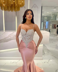 Beautiful Spaghetti-Straps Sleeveless Prom Dresses Mermaid Long With Crystals