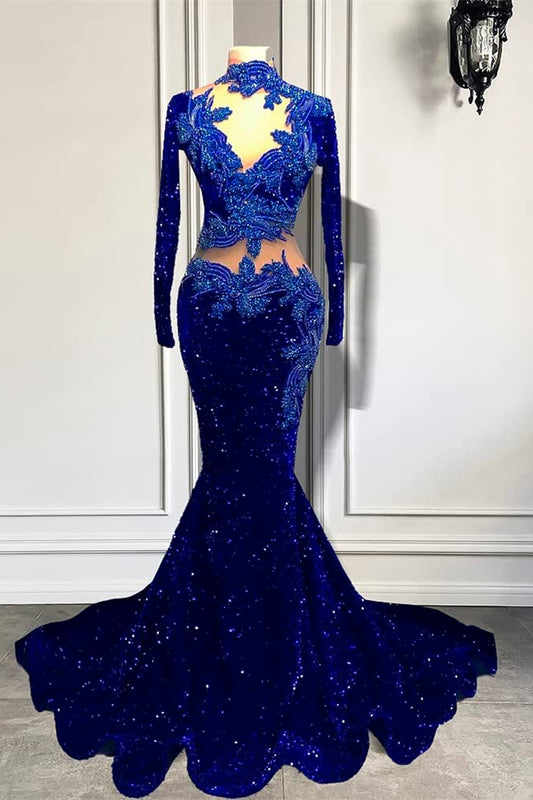 Modern Dark Blue High Neck Mermaid Prom Dress With Sequins Beadings Long Sleeves