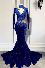 Modern Dark Blue High Neck Mermaid Prom Dress With Sequins Beadings Long Sleeves