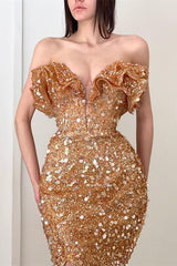 Champagne Prom Dress V Neck Pleated Sequins With Slit