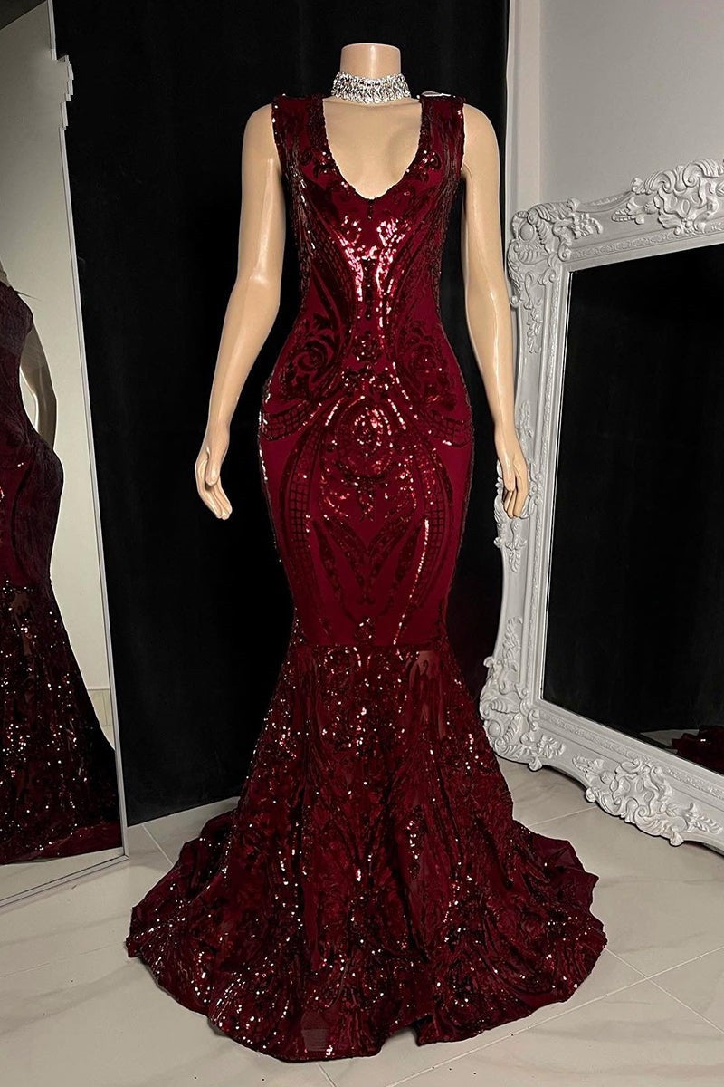 Modern Sleeveless V-Neck Mermaid Prom Dresses Sequins Long Online