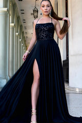 Dark Navy Spaghetti-Straps Evening Dress With Slit