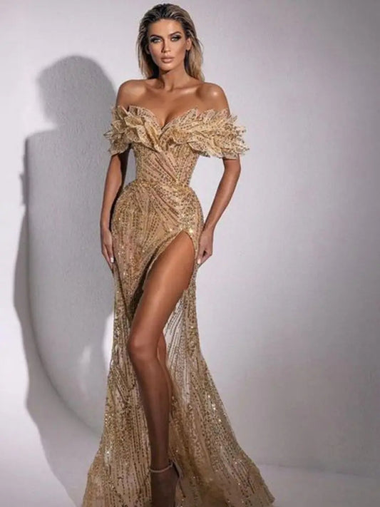 Champagne Long Mermaid Prom Dress Off Shoulder With Glitter Sequin Side Slit Party Gown