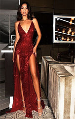 Amazing V-Neck Sequins Red Prom Dress Long With Split