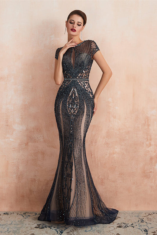 New Arrival Short Sleeves Mermaid Prom Dress Beadings Keyhole