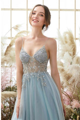 Gorgeous Dusty Blue V-Neck Spaghetti-Straps Prom Dresses Tulle Slit With Beadings
