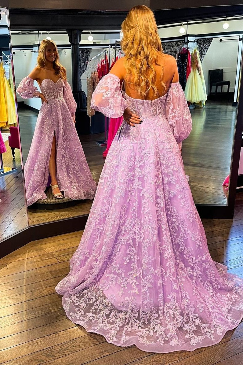 Classic Lilac Sweetheart Prom Dress Split With Appliques Detachable Sleeves