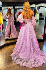 Classic Lilac Sweetheart Prom Dress Split With Appliques Detachable Sleeves