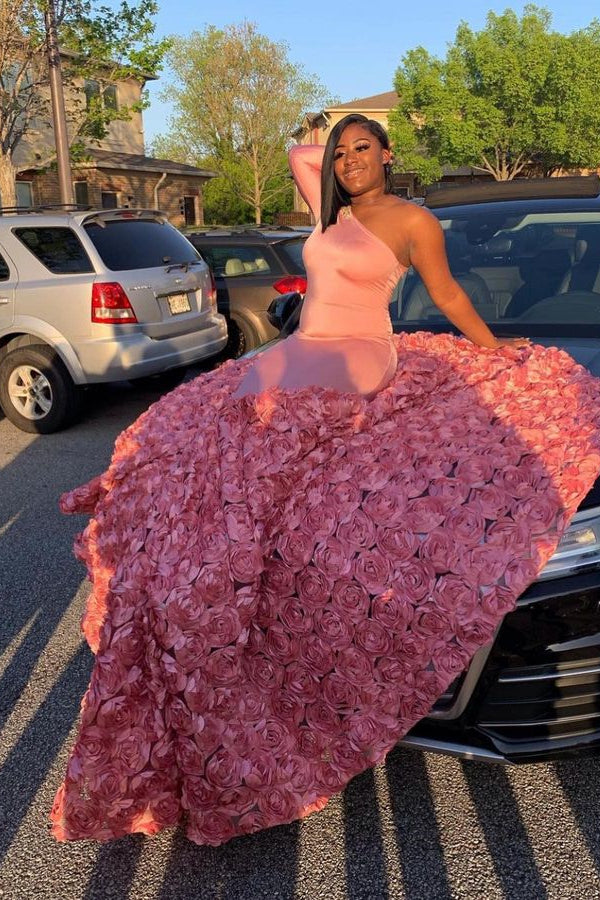 Modern Pink One Shoulder Mermaid Prom Dress With Flowers Bottom