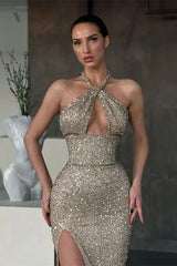 Classic Halter Sequins Mermaid Prom Dress With Split Long