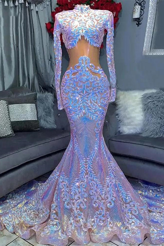 High Neck Long Sleeves Mermaid Prom Dress with Sequins Lace