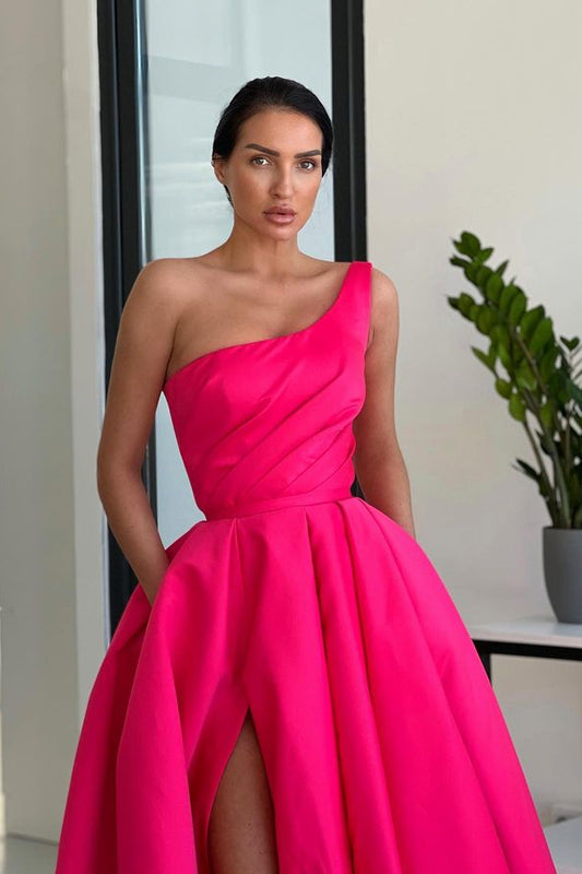 Pink One Shoulder Prom Dress A Line with High Slit