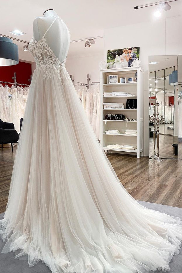 Elegant A-line Long Wedding Dress with Lace Tulle and Open Back