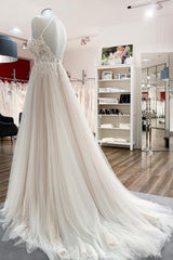 Elegant A-line Long Wedding Dress with Lace Tulle and Open Back