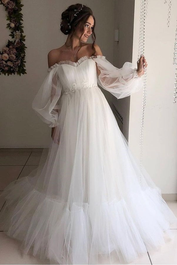 Stunning Long Sleeves Tulle Prom Dresses Off-the-Shoulder Long