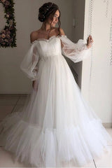 Stunning Long Sleeves Tulle Prom Dresses Off-the-Shoulder Long